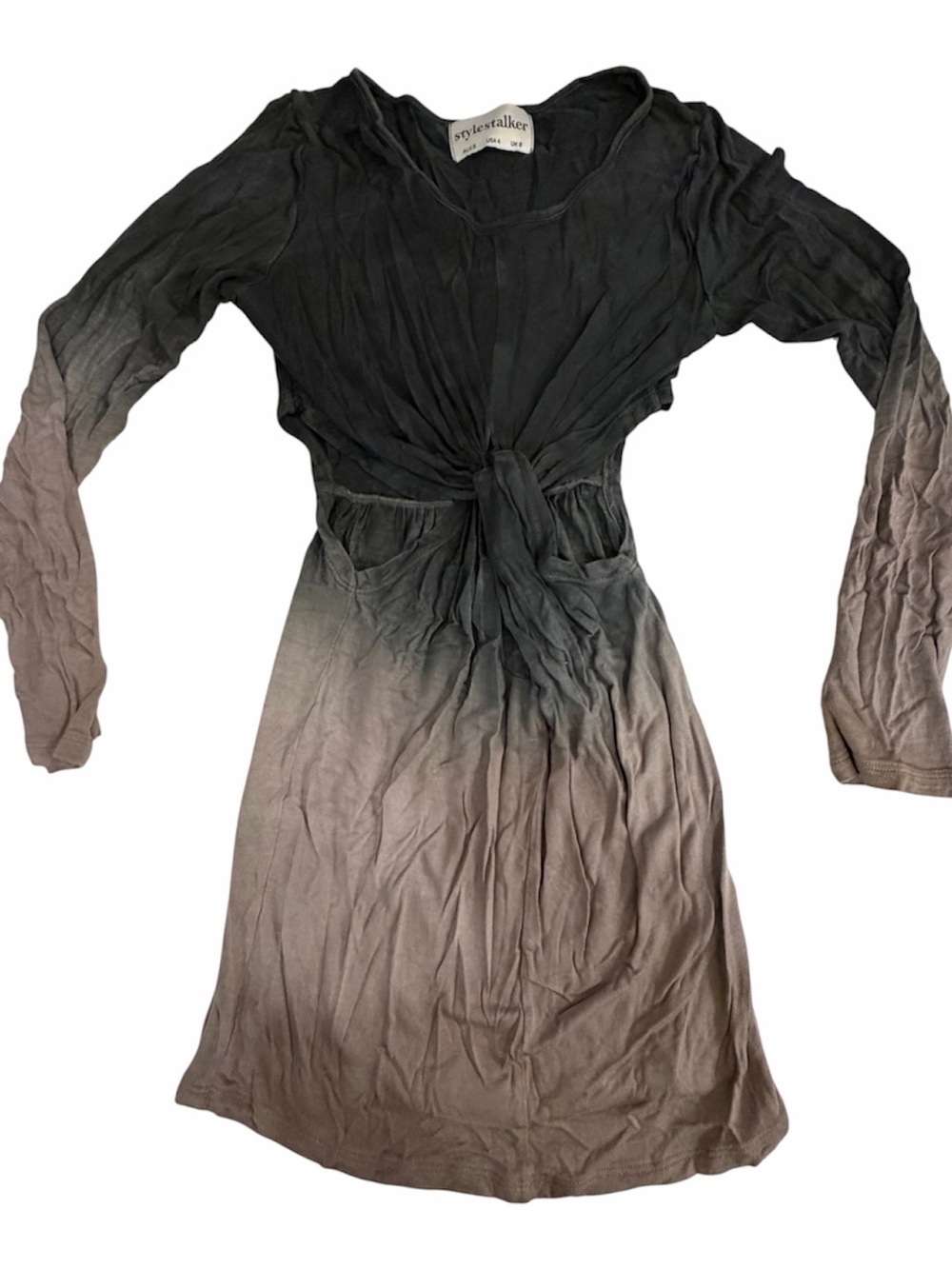 Stylestalker Black to Taupe Ombre Tie-Front Long Sleeve Dress